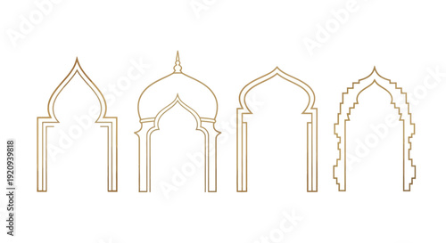 Collection of Elegant Golden Islamic Archway Vector Frames with Ornate Traditional Design