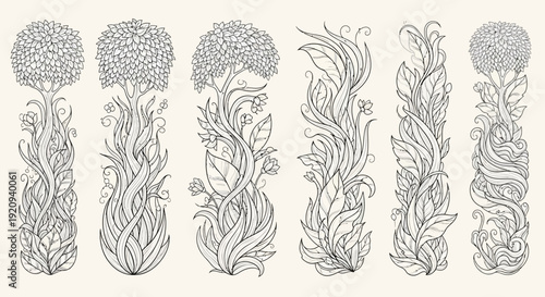 Collection of elegant botanical vector borders with delicate floral and leafy elements