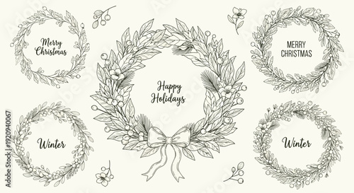 Hand-drawn Christmas Wreaths with Holiday Greetings and Winter Wishes