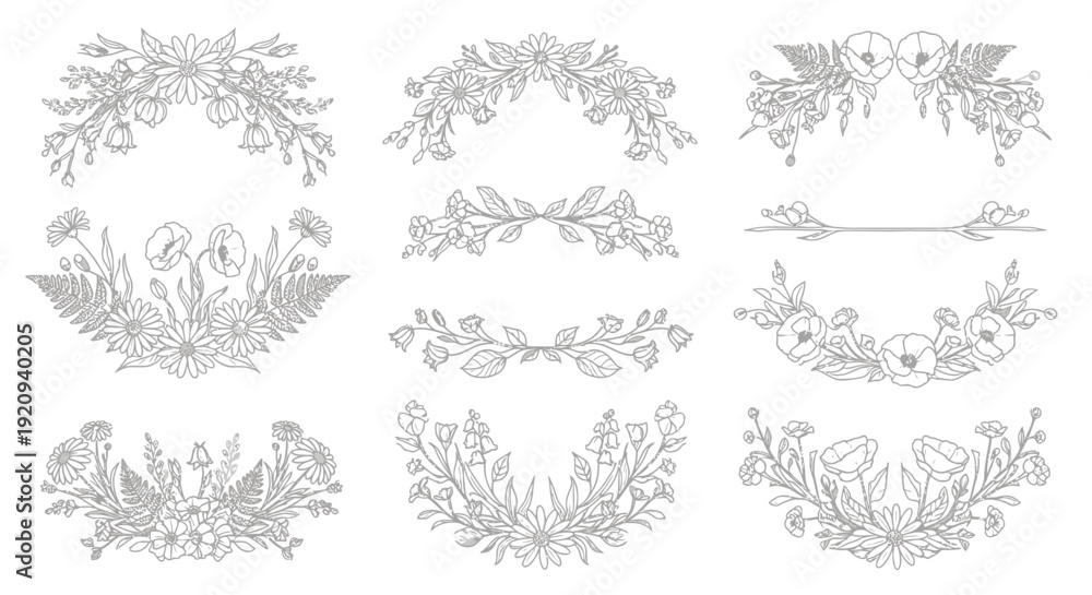 Obraz premium Elegant Botanical Art Borders and Flourishes, Vector Hand Drawn Floral Elements