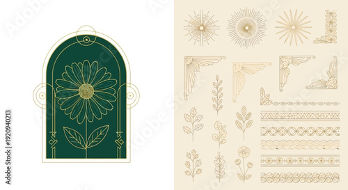 Elegant Geometric Floral Elements and Borders in Gold and Green