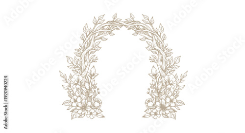 Elegant Botanical Archway with Lush Flowers and Twisting Branches, Vector Illustration