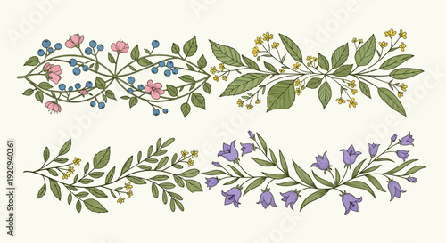 Decorative Floral Borders with Pink Flowers, Blueberries and Purple Bellflowers