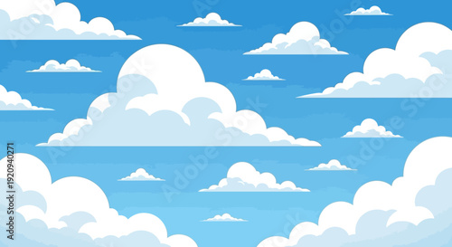 Bright Blue Sky with Fluffy White Cumulus Clouds, Seamless Nature Background