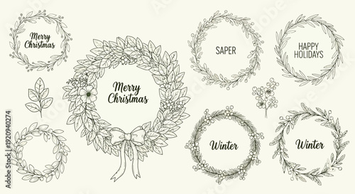Collection of Elegant Botanical Wreath Illustrations for Christmas and Winter Holidays