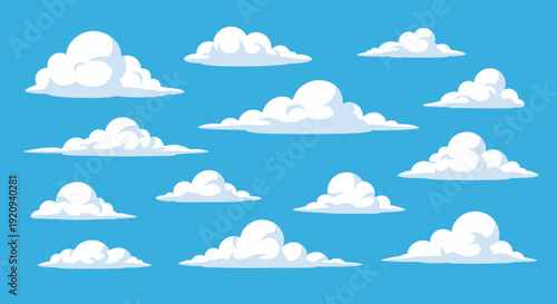 Collection of Diverse Flat Vector Clouds on a Vibrant Blue Sky Background