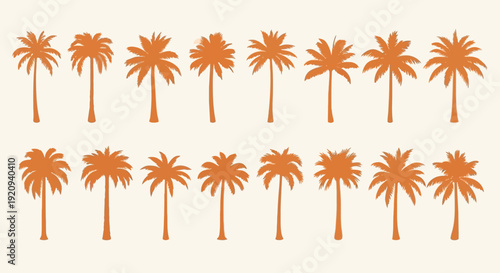 Collection of Diverse Palm Tree Silhouettes in a Warm Orange Hue