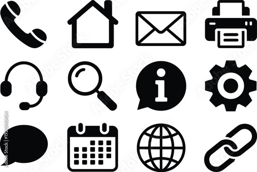 Contact us solid glyph icon vector set, business communication pictograms including phone, email, address, web, support, search, info, chat, and link symbols for website UI, apps, and corporate interf