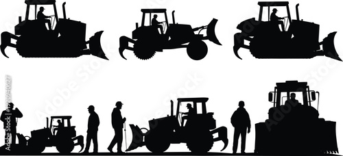 Bulldozer and construction vehicle silhouettes set, heavy machinery operators and workers on building site, industrial equipment vector illustration isolated on white background