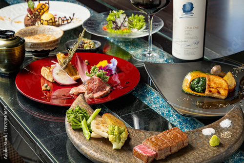 Картината върху платно Luxury Teppanyaki dinner date with premium Wagyu steak and red wine, professional chef grilling on iron plate in a high-end Japanese restaurant, romantic anniversary celebration, upscale dining