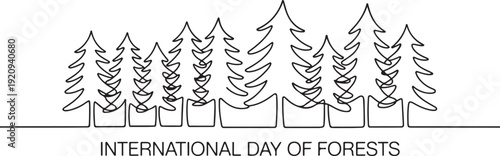 Single one line drawing many large pine trees lined up. International Day of Forests. one line art icon drawing vector