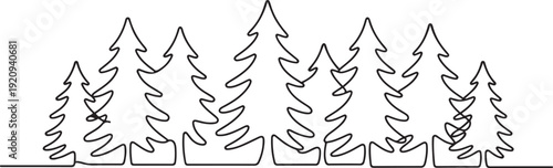 Single one line drawing many large pine trees lined up. International Day of Forests. one line art icon drawing vector