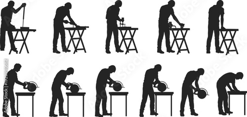 Carpenter and craftsman silhouette set using saw and woodworking tools, professional workshop cutting process vector illustration isolated on white background