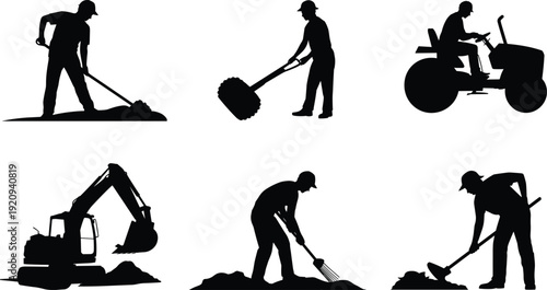 Construction and agriculture worker silhouettes set, farmer digging soil with shovel and rake, tractor driver and excavator vector illustration isolated on white