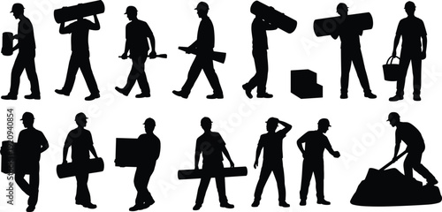 Construction and industrial worker silhouette collection carrying pipes, tools and materials, manual labor and heavy duty service vector illustration isolated on white background