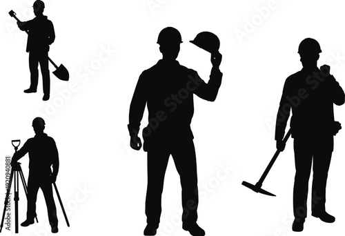 Construction engineer and worker silhouettes set, builder holding helmet, shovel and pickaxe with surveying tripod, industrial vector illustration isolated on white background