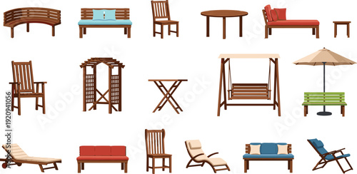 Large Collection of Outdoor Garden Furniture with Wooden Benches Chairs Patio Tables Lounge Seats and Sun Umbrellas for Backyard Landscaping and Terrace Design Projects
