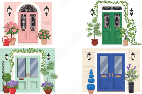 Set of Beautiful Decorative Front Doors with Potted Plants Flowers and Outdoor Lamps for Real Estate Branding Home Improvement and Housewarming Graphic Designs