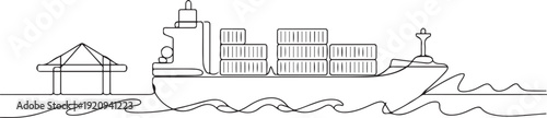 Linear sea logistic. One continuous single drawing line art flat doodle container, ship, vessel, cargo, freight, industry, sea, transportation. one line art icon drawing vector