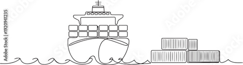 Linear sea logistic. One continuous single drawing line art flat doodle container, ship, vessel, cargo, freight, industry, sea, transportation. one line art icon drawing vector