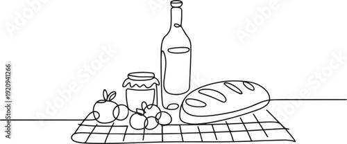  Summer food outdoors bottle of wine, bread, jam, fruit and blanket. one line art icon drawing vector