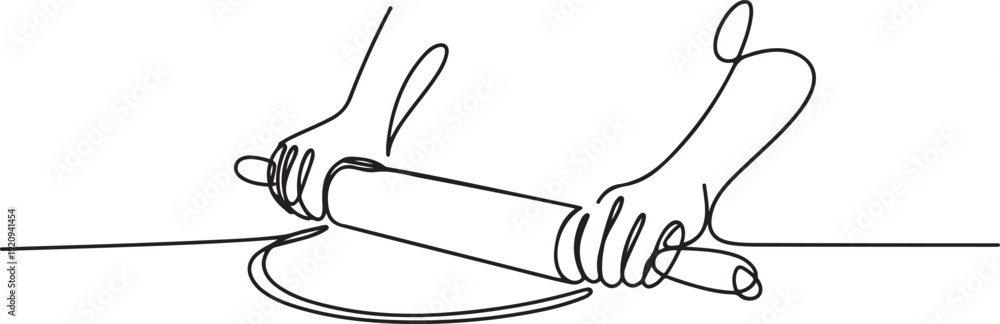 Obraz premium Continuous line drawing of chef hand rolling bakery pizza dough use wooden rolling pins. one line art icon drawing vector