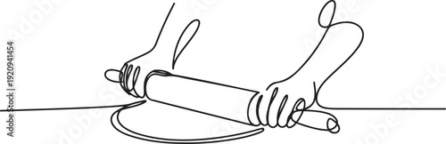 Continuous line drawing of chef hand rolling bakery pizza dough use wooden rolling pins. one line art icon drawing vector