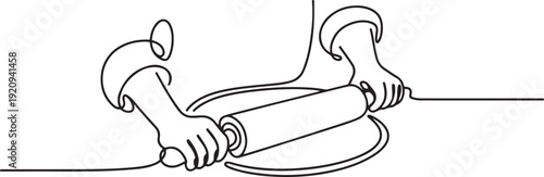 Continuous line drawing of chef hand rolling bakery pizza dough use wooden rolling pins. one line art icon drawing vector