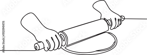 Continuous line drawing of chef hand rolling bakery pizza dough use wooden rolling pins. one line art icon drawing vector
