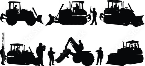 Construction machinery and worker silhouettes set, bulldozer, loader and excavator operators on building site, heavy equipment vector illustration isolated on white background
