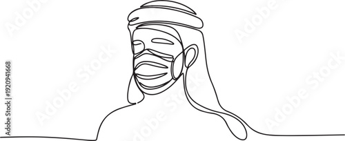 Continuous line drawing of arab man wearing surgical mask to protect disease, flu, air pollution, pandemic, virus. one line art icon drawing vector