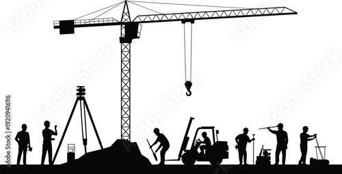 Construction site silhouette with tower crane forklift and workers, industrial engineering and heavy equipment vector illustration isolated on white background