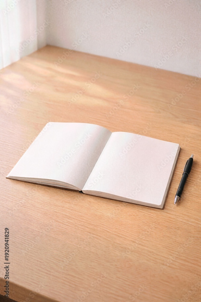 Fototapeta premium Open Notebook And Pen On Wooden Desk