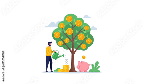 Money Tree Illustration – Man Watering Coin Tree with Piggy Bank Vector Concept