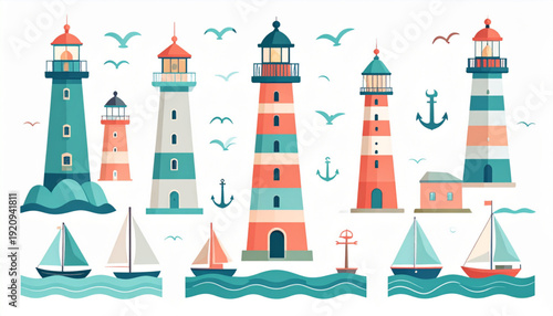 Colorful illustration of lighthouses standing tall along a coastal shoreline. isolated on transparent background