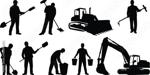 Construction worker and heavy machinery silhouettes set, builder with shovel and pickaxe, bulldozer and excavator equipment, industrial vector illustration isolated on white background