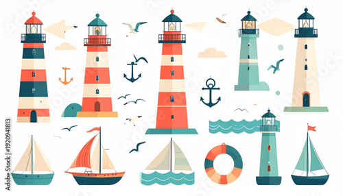 Colorful illustration of maritime safety and nautical life with lighthouses and boats isolated on transparent background