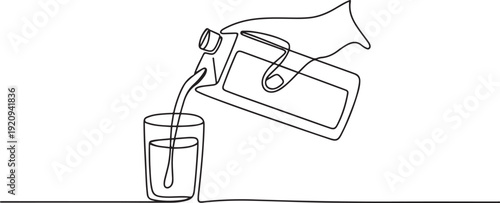 Continuous single line sketch drawing of hand pouring paper box carton of fresh milk juice into glass. one line art icon drawing vector