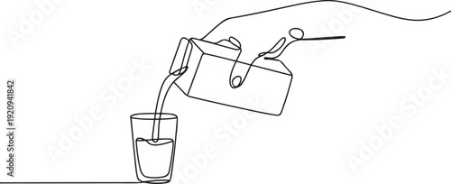 Continuous single line sketch drawing of hand pouring paper box carton of fresh milk juice into glass. one line art icon drawing vector