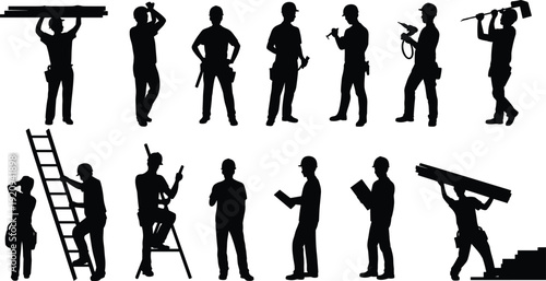 Construction worker silhouette collection carrying timber and tools, professional contractor team with ladder vector illustration isolated on white background