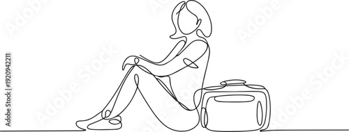 Continuous line drawing of traveler woman sitting with luggage. one line art icon drawing vector
