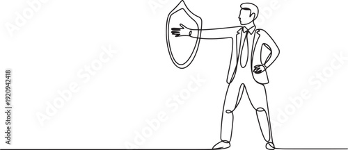 Continuous single one line drawing art of businessman holding shield protection security. one line art icon drawing vector