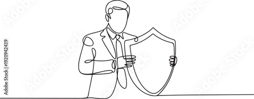 Continuous single one line drawing art of businessman holding shield protection security. one line art icon drawing vector