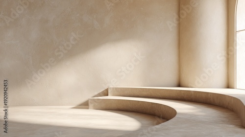 Minimalist beige plaster stage with curved platform, soft natural light casting gentle shadows, clean architectural elements, spacious composition, modern elegant design