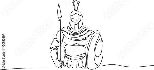 Continuous single line sketch drawing of knight warrior sparta armor protection. one line art icon drawing vector