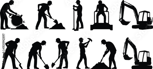 Construction worker silhouette set with road cutter and excavator, builders digging and hammering tools, heavy equipment industrial vector illustration isolated on white background
