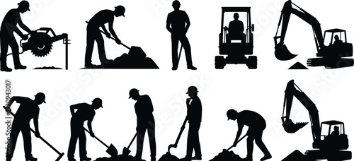 Construction worker silhouettes and heavy equipment set, builders digging with shovels and road cutter machine, excavator operator vector illustration isolated on white background