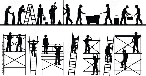 Construction worker silhouettes carrying tools and climbing ladders on scaffolding structures, builders performing industrial maintenance vector illustration isolated on white background