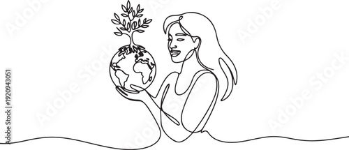 Continuous single line sketch drawing of happy woman holding earth globe and plant tree save world environment. one line art icon drawing vector