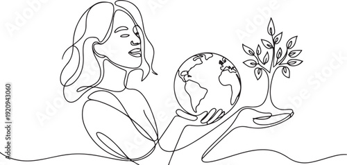 Continuous single line sketch drawing of happy woman holding earth globe and plant tree save world environment. one line art icon drawing vector